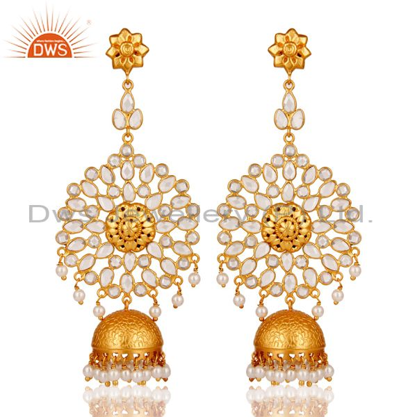 Zircon and Pearl 18K Gold Plated Sterling Silver Traditional Jhumki Earring