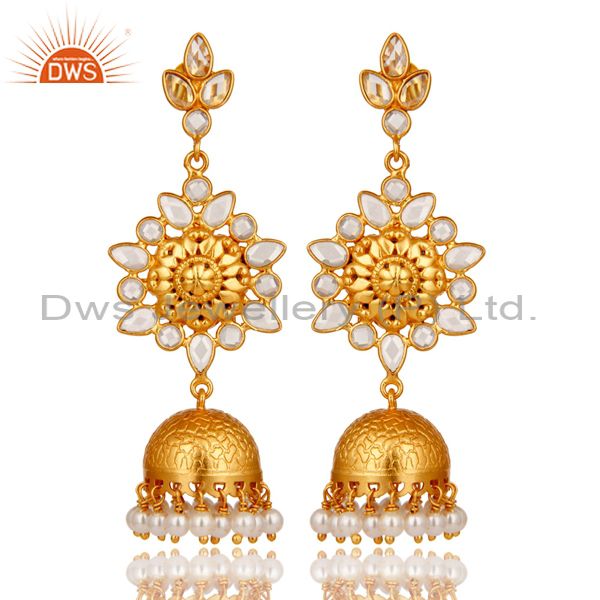 Pearl and CZ Sterling Silver 18K Gold Plated Jhumka Earring
