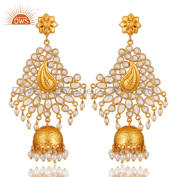 Pearl and CZ Sterling Silver 18K Gold Plated Earring Traditional Jhumka