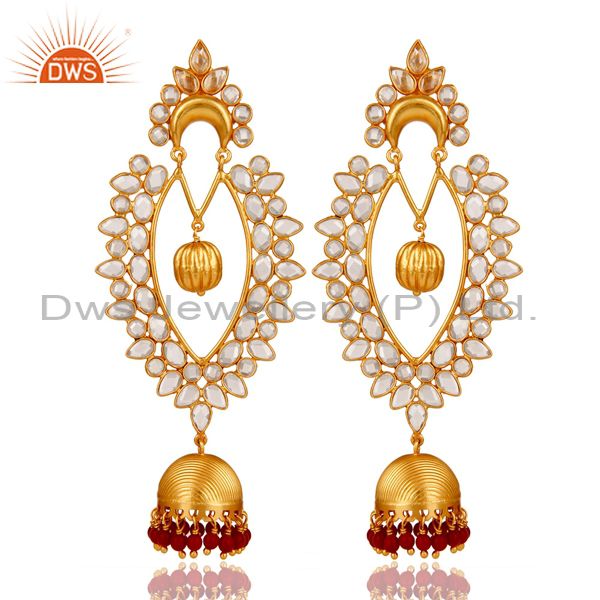 18K Gold Plated Sterling Silver Coral Cultured and CZ Jhumka Traditional Earring