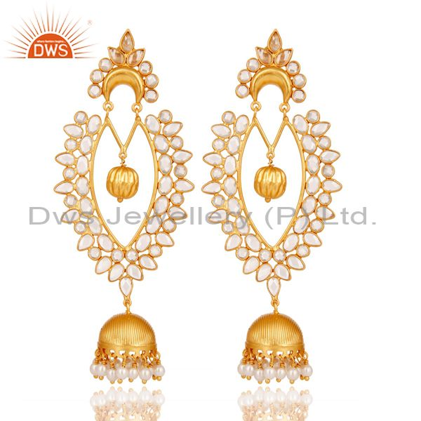 18K Gold Plated Sterling Silver Pearl and CZ Jhumka Traditional Earring