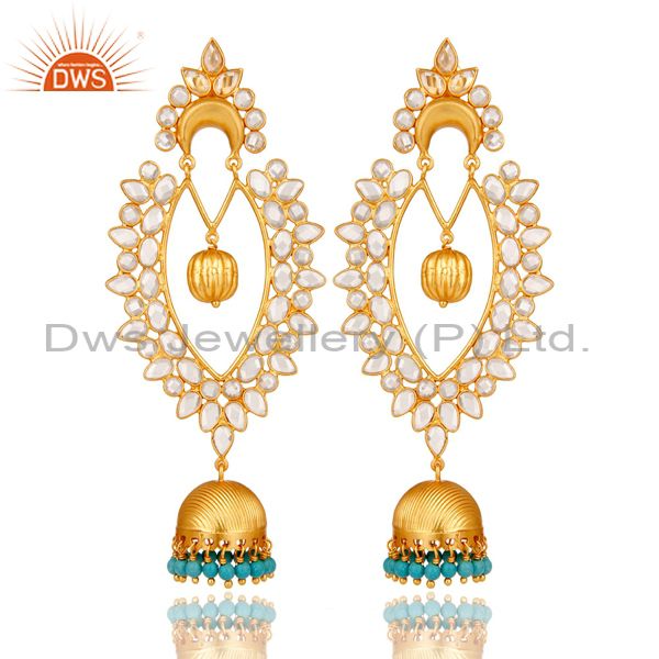 18K Gold Plated Sterling Silver Turquoise & White Zirconia Jhumka Earrings