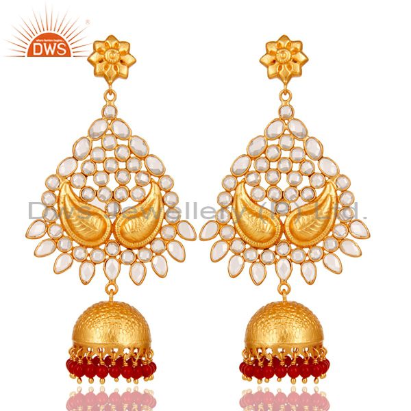 18K Gold Plated 925 Sterling Silver Coral CZ Jhumka Traditional Earring Jewelry