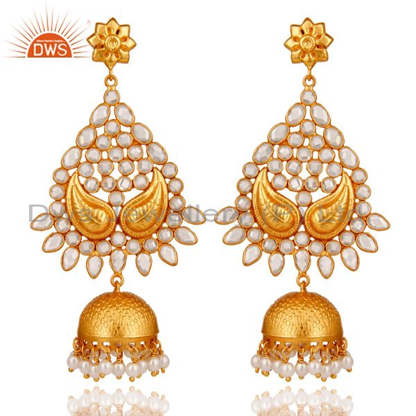 18K Gold Plated Sterling Silver and Pearl, CZ Jhumka Earring