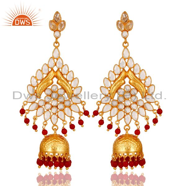 18K Gold Plated Coral and CZ Sterling Silver Traditional Earring