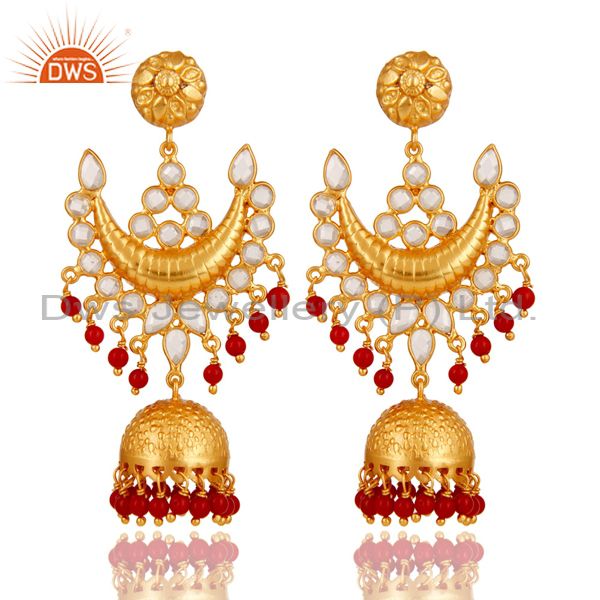 18K Gold Plated Coral and Zircon Sterling Silver Traditional Jhumka Earring