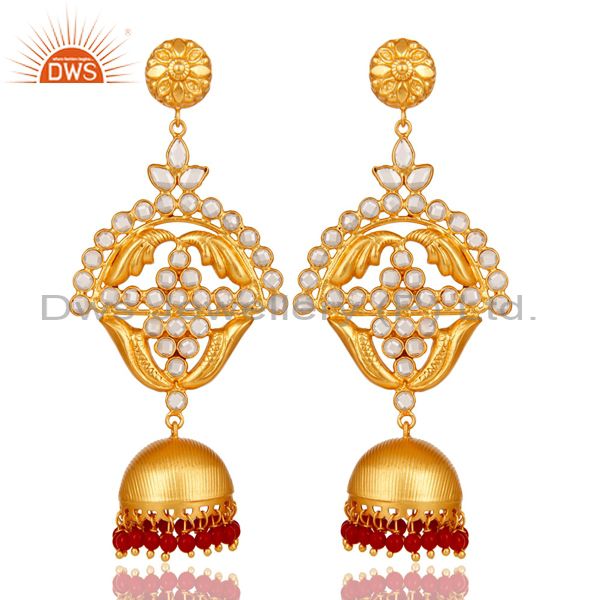 Coral and Zircon 18K Gold Plated Jhumka Traditional Earring