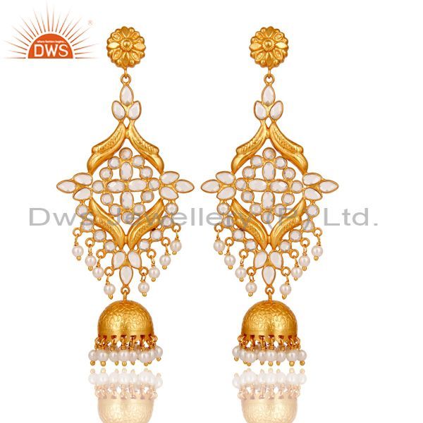 18K Gold Plated 925 Sterling Silver Pearl & White Zirconia Jhumka Earrings