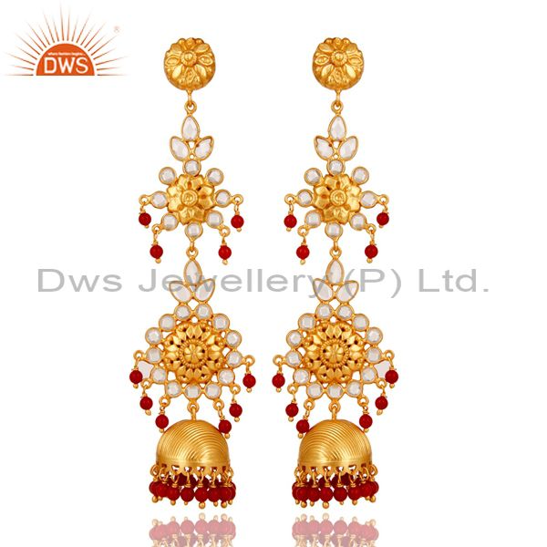 CZ and Coral Traditional Jhumka Earring 18K Gold Plated Sterling Silver