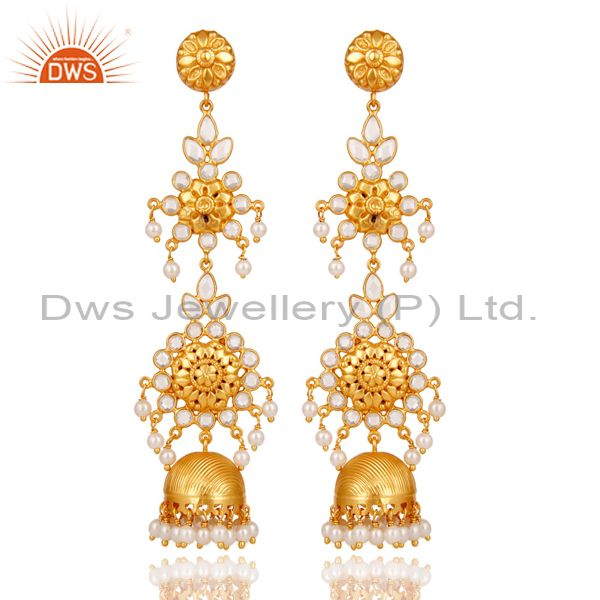 Pearl & White Zircon Traditional Jhumka Earrings 18K Gold Plated Sterling Silver