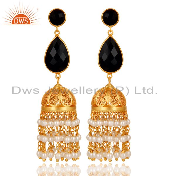 Black Onyx & Pearl Traditional Jhumka Earring 18K Gold Plated Sterling Silver