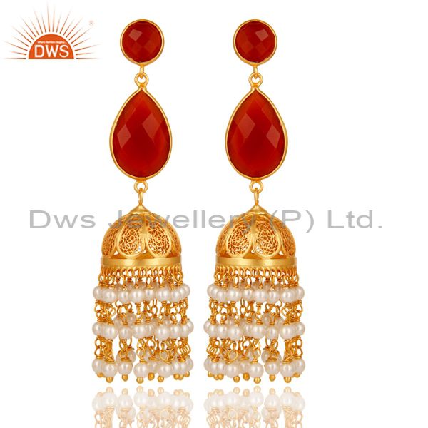Red Onyx & Pearl Traditional Jhumka Earring 18K Gold Plated Sterling Silver