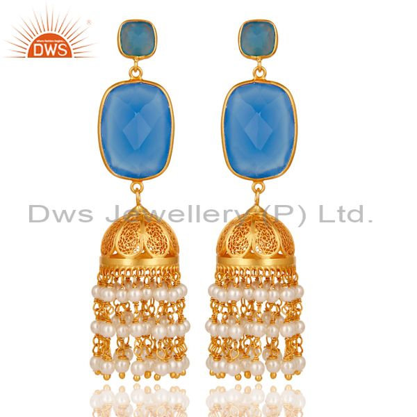 Chalcedony & Pearl Traditional Jhumka Earring 18K Gold Plated Sterling Silver