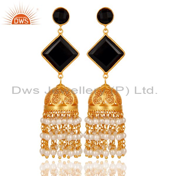 Pearl & Black Onyx Traditional Jhumka Earring 18K Gold Plated 925Sterling Silver