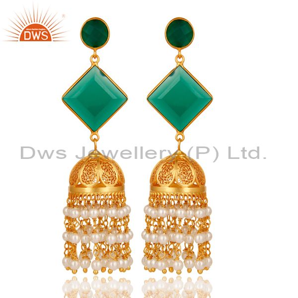 Pearl & Green Onyx Traditional Jhumka Earring 18K Gold Plated 925Sterling Silver
