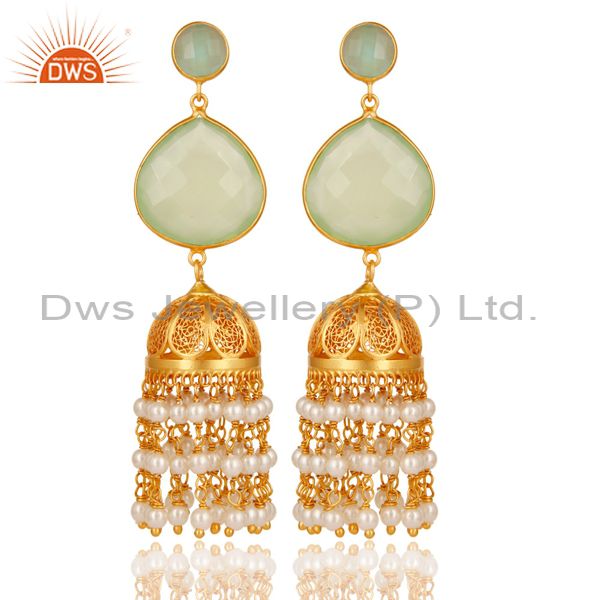 Aqua, Pearl & Chalcedony Jhumka Earring 18K Gold Plated 925 Sterling Silver