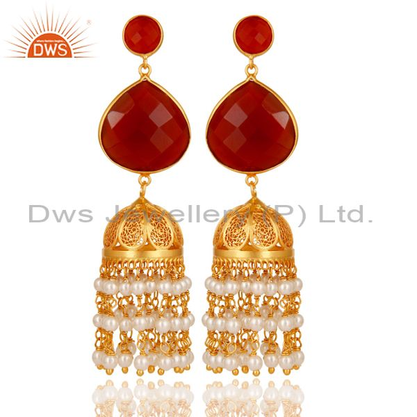 Pearl & Red Onyx Traditional Jhumka Earring 18K Gold Plated 925 Sterling Silver