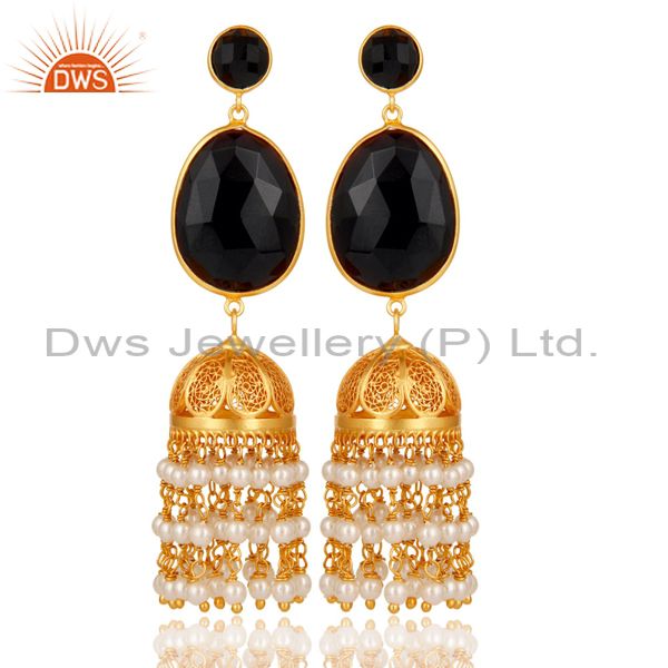 Pearl & Onyx Traditional Jhumka Earring 18K Gold Plated 925 Sterling Silver