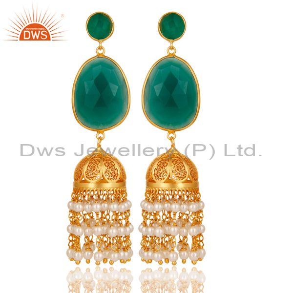 Pearl Bead & Onyx Traditional Jhumka Earring 18K Gold Plated 925 Sterling Silver