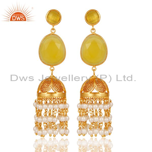 18k Yellow Gold Plated Sterling Silver Chalcedony & Pearl Jhumka Earrings
