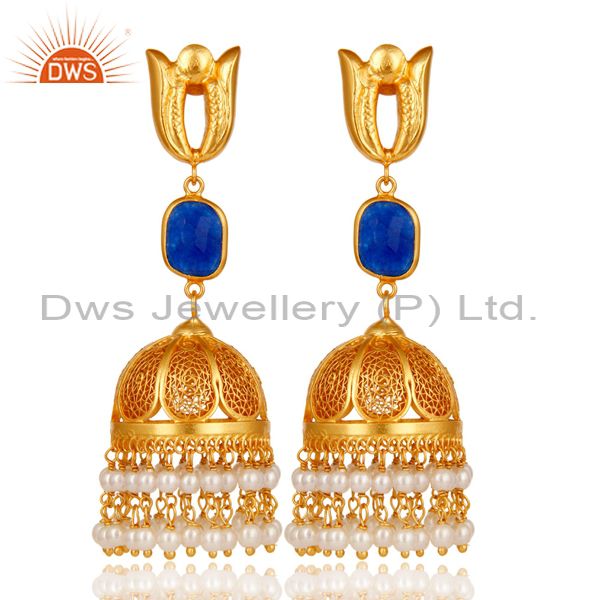 18K Gold Plated Jhumka Earrings with 925 Sterling Silver & Aventurine