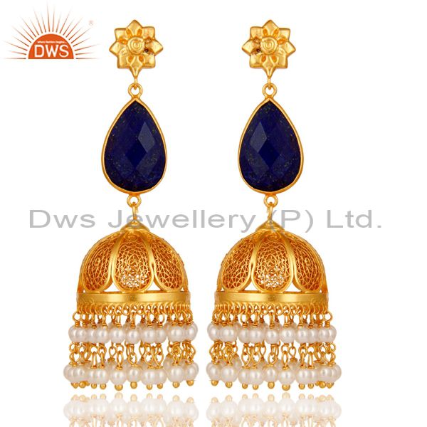 Lapis & Pearl 18K Gold Plated Jhumka Earrings 925 Sterling Silver