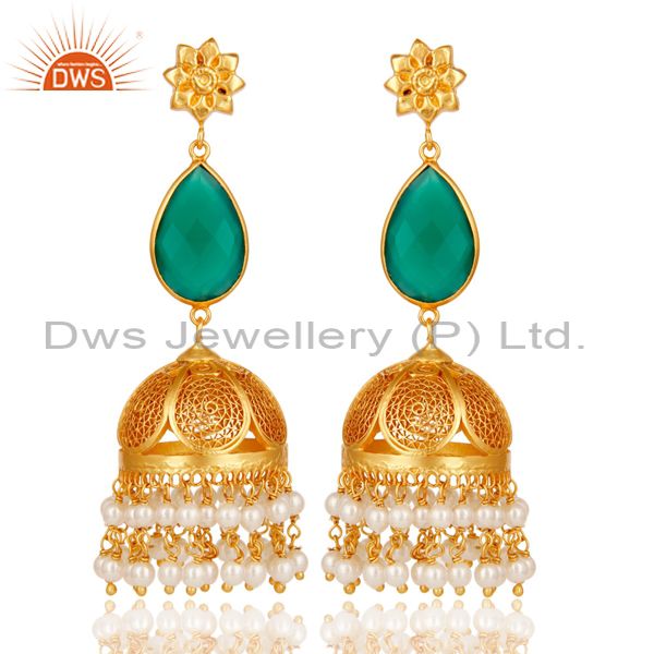 Green Onyx & Pearl Jhumka Earrings with 18k Gold Plated Sterling Silver