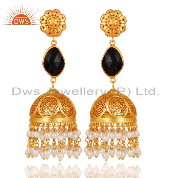 Black Onyx & Pearl Jhumka Earrings with 18k Gold Plated Sterling Silver