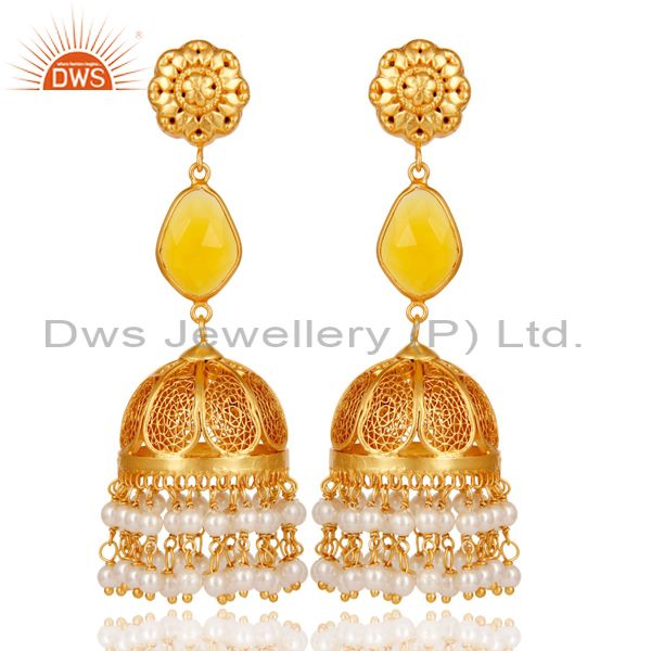 Chalcedony & Pearl Jhumka Earrings with 18k Gold Plated Sterling Silver