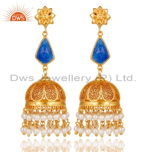 Aventurine & Pearl Jhumka Earrings with 18k Gold Plated Sterling Silver