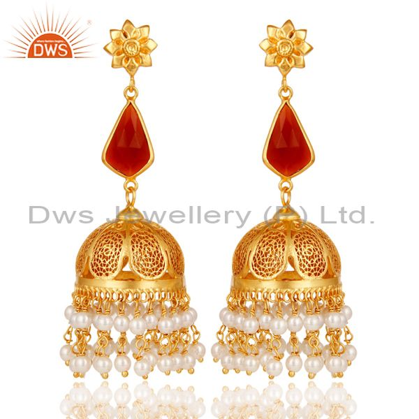 Red Onyx & Pearl Jhumka Earrings with 18k Gold Plated Sterling Silver