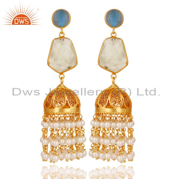 Chalcedony, Peal & Onyx Jhumka Earrings with 18k Gold Plated Sterling Silver