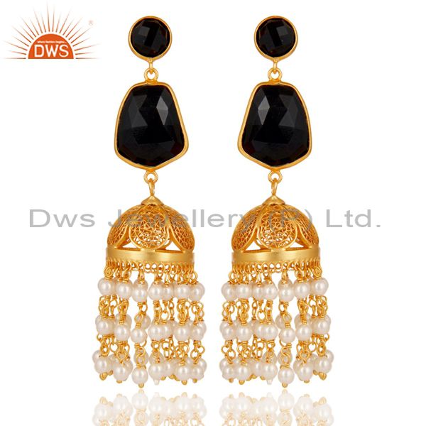 18k Gold Plated 925 Sterling Silver Jhumka Earrings with Onyx and Pearl