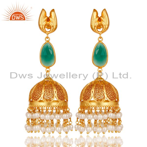 18k Gold Plated Sterling Silver Jhumka Earrings with Onyx and Pearl