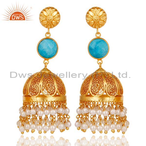 18k Gold Plated Sterling Silver Jhumka Earrings with Turquoise & Pearl