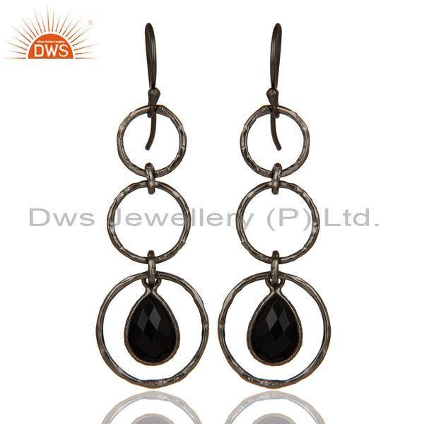 Black Oxidized 925 Sterling Silver Triple Round Cut Dangle Black Onyx Earrings
