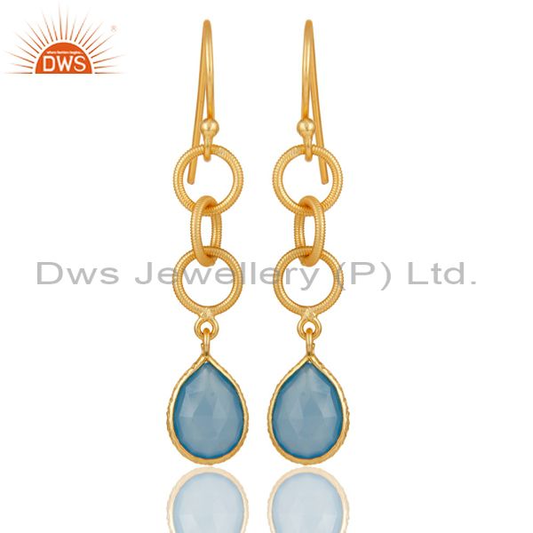 Handmade Chalcedony Bazel Set Drops Earring With 18k Gold Plated Sterling Silver