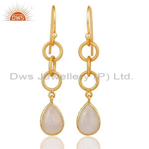 Rainbow Moonstone Bazel Set Drop Earring With 18k Gold Plated Sterling Silver