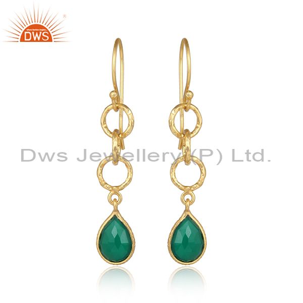 Green Onyx Twisted Wire Circle 14K Gold Plated 92.5 Sterling Silver Earring