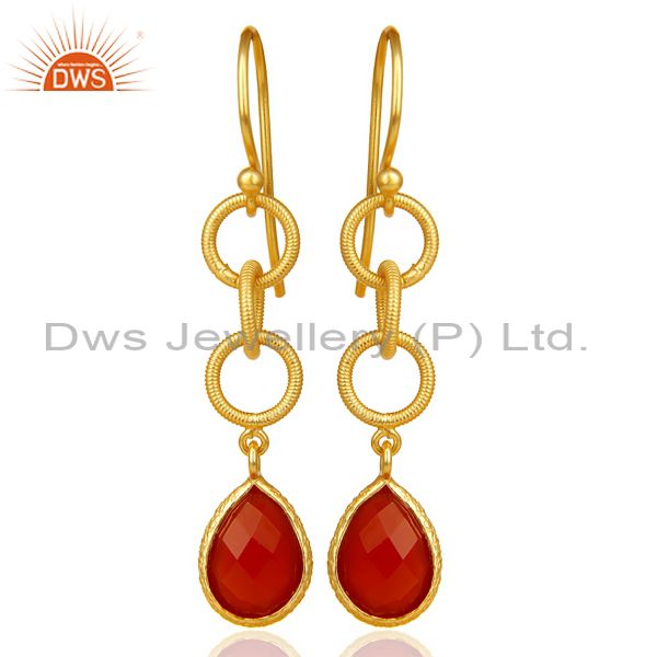 Red Onyx Twisted Wire Circle 14K Gold Plated 92.5 Sterling Silver Earring