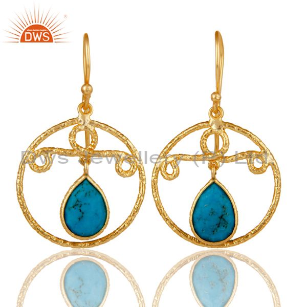22k Gold Plated 925 Sterling Silver Bezel Set Natural Turquoise Drops Earrings
