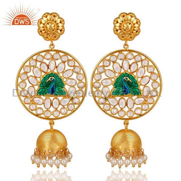 18K Gold Plated 925 Sterling Silver Pearl Beads & White Zircon Jhumka Earrings