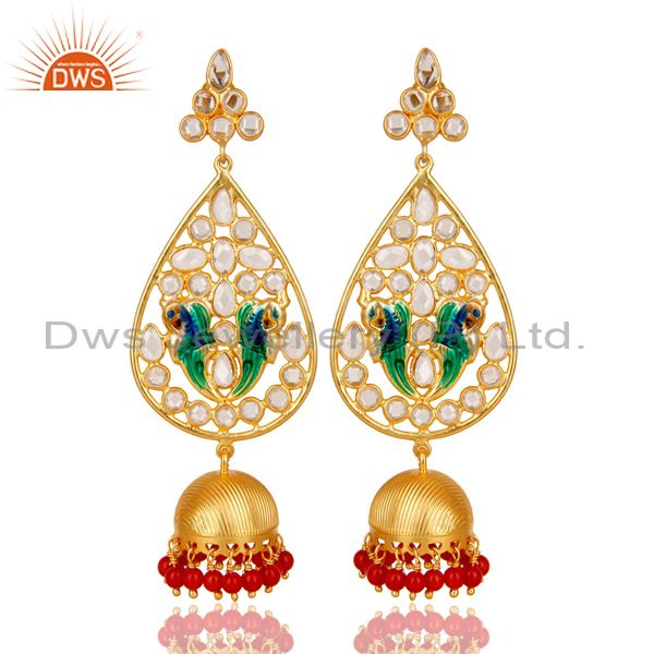18K Gold Plated 925 Sterling Silver White Zircon & Red Coral Jhumka Earrings