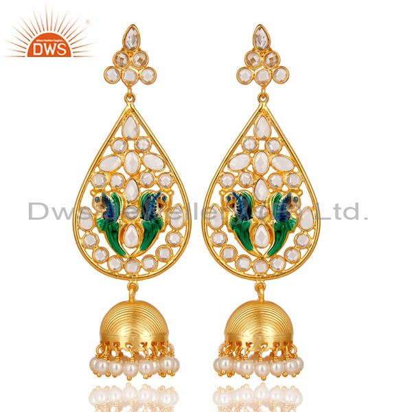 14K Gold Plated 925 Sterling Silver White Zircon & Pearl Beads Jhumka Earrings