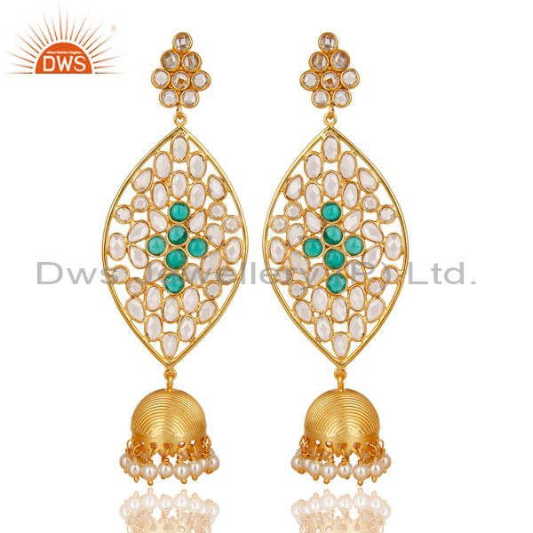 14K Gold Plated 925 Sterling Silve Pearl Beads, CZ & Green Glass Jhumka Earring