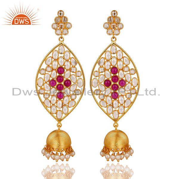 14K Gold Plated Sterling Silver White Zircon, Pearl & Red Glass Jhumka Earrings