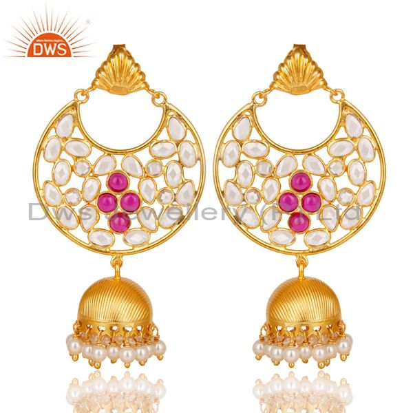 18K Gold Plated Sterling Silver White Zircon, Pearl & Red Glass Jhumka Earrings
