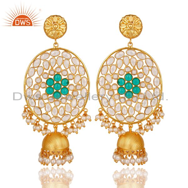 18K Gold Plated Sterling Silver Pearl Beads, Green Glass & CZ Jhumka Earrings