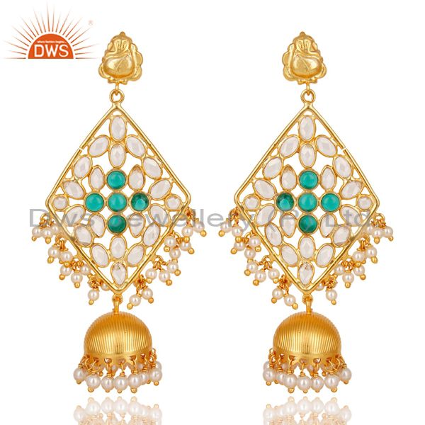 CZ, Pearl Beads & Green Glass Jhumka Earring Made In 18K Gold Plated 925 Silver