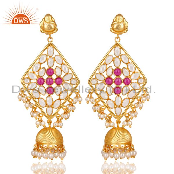 18K Gold Plated 925 Sterling Silver Pearl Beads, Red Glass & CZ Jhumka Earrings
